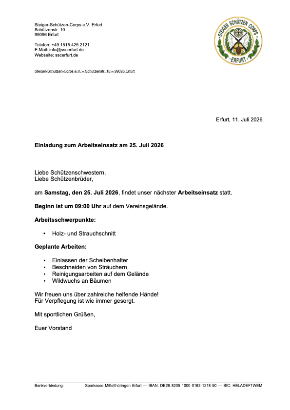 Einladung zum Arbeitseinsatz am 25. Juli 2026